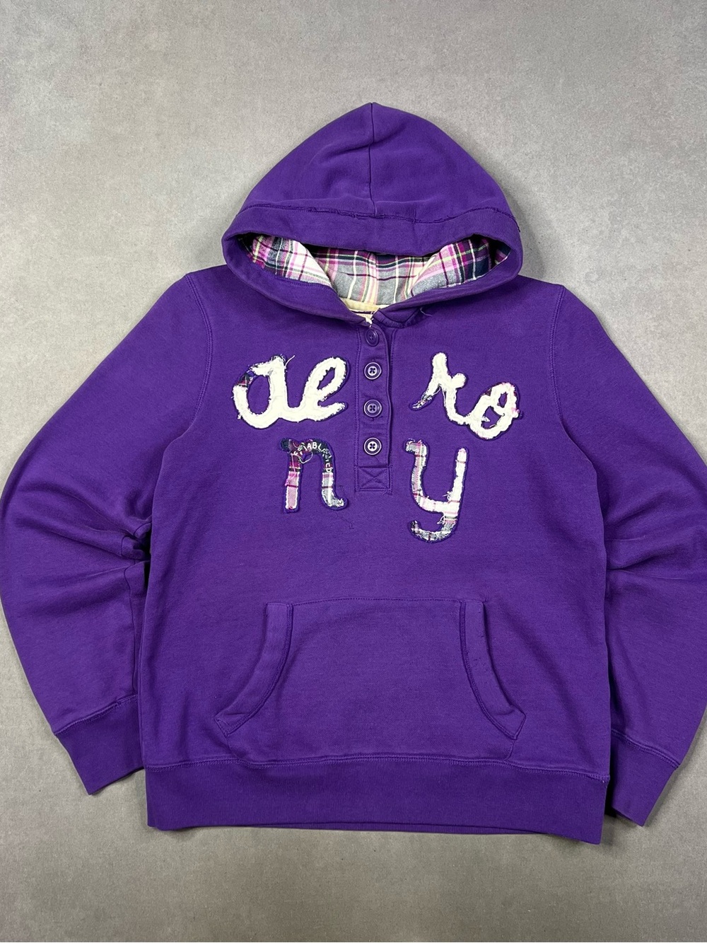 Aeropostale Purple Crewneck Hoodie with Plaid Trim